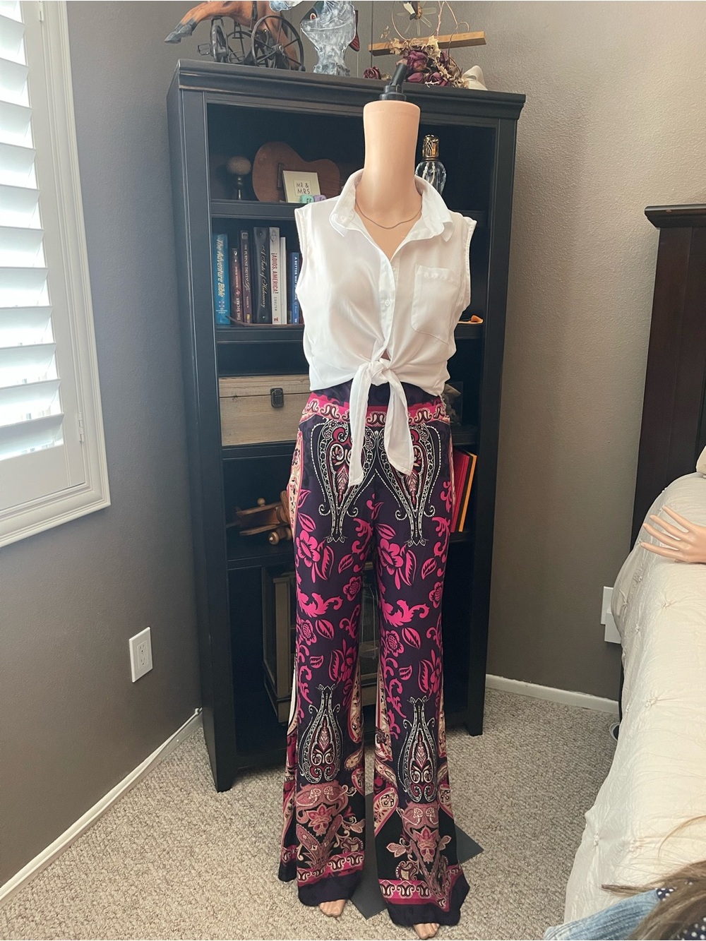 VENUS Wide Leg Paisley Print Jumpsuit Pants in Pink and Black
